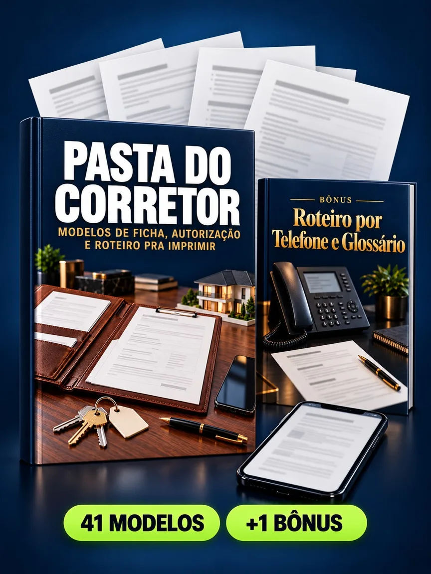 Montagem ilustrativa do Pasta do Corretor: livro com a capa, páginas do material e celular e capas dos bônus
