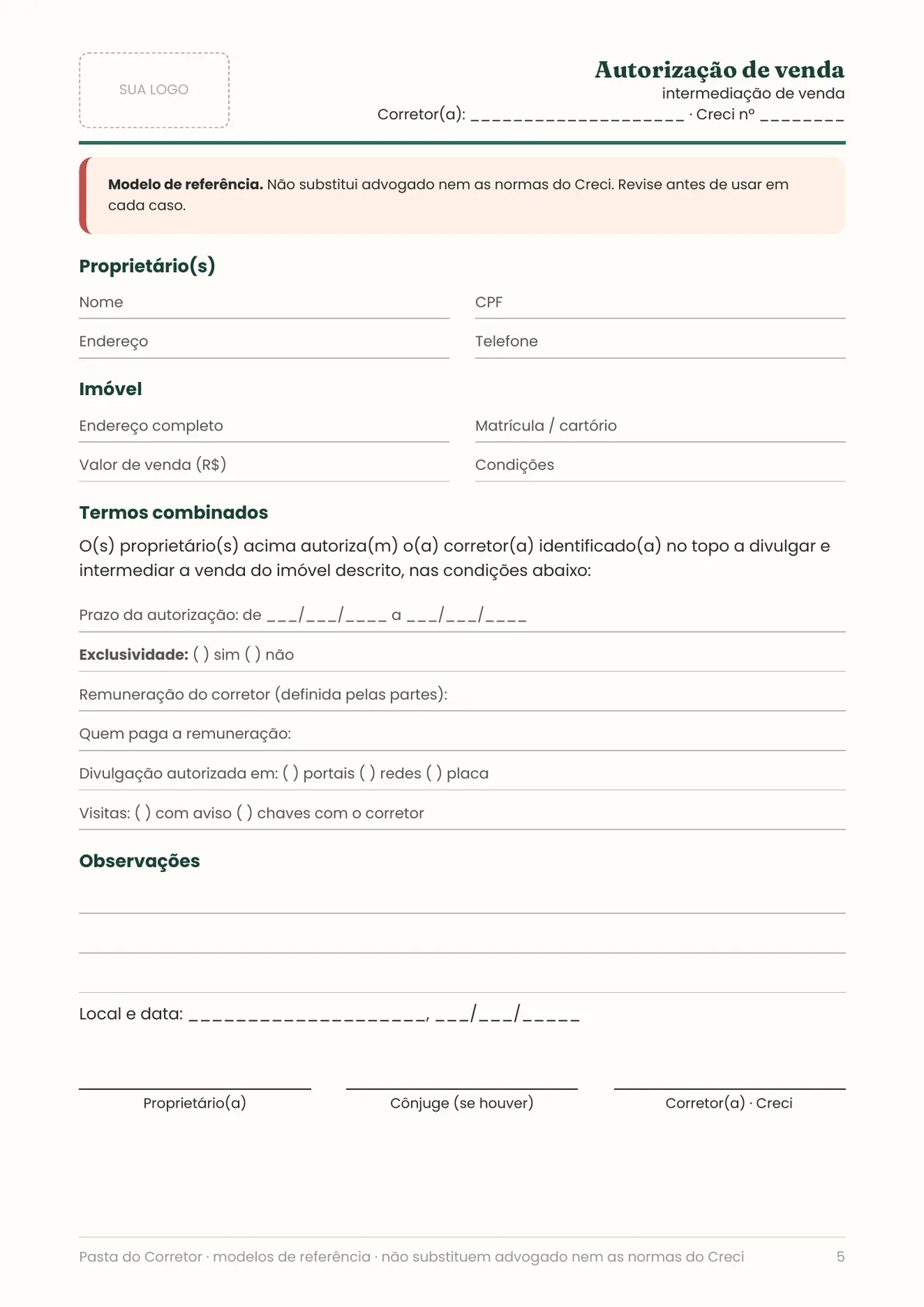 Página real do PDF Pasta do Corretor: autorização de venda