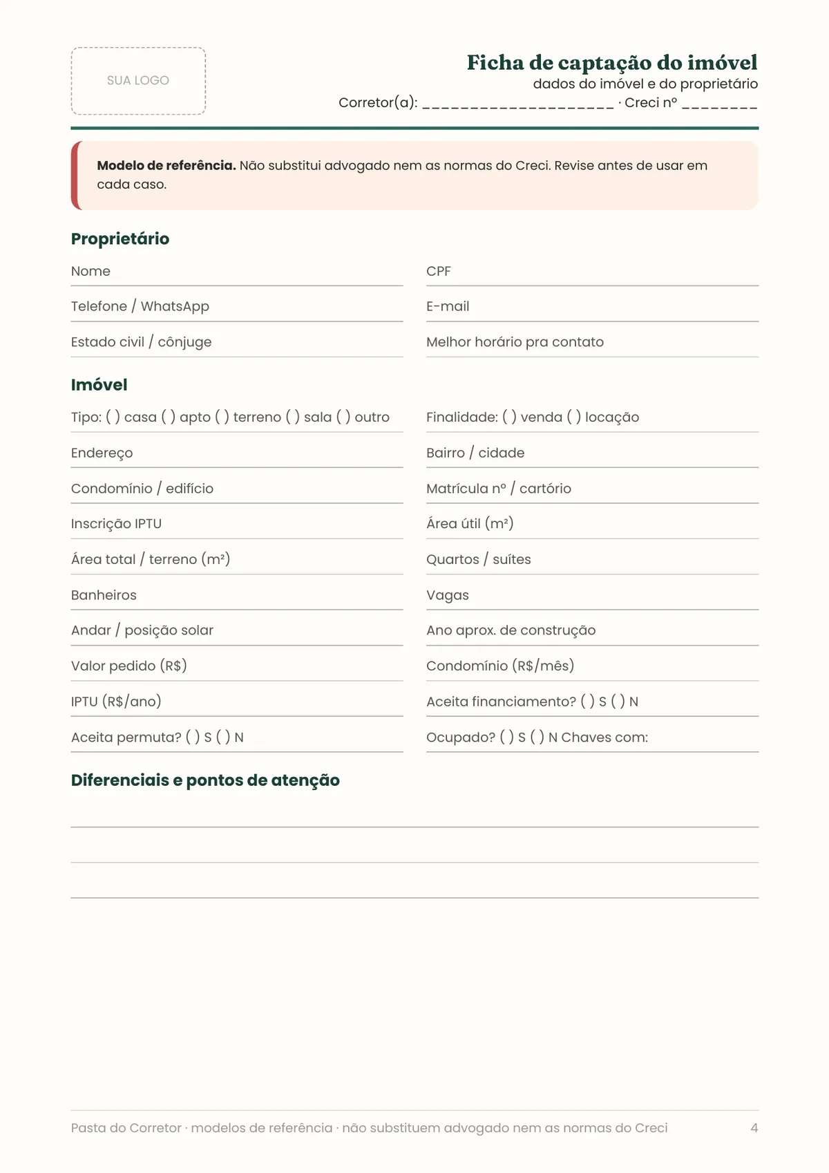 Página real do PDF Pasta do Corretor: ficha de captação do imóvel