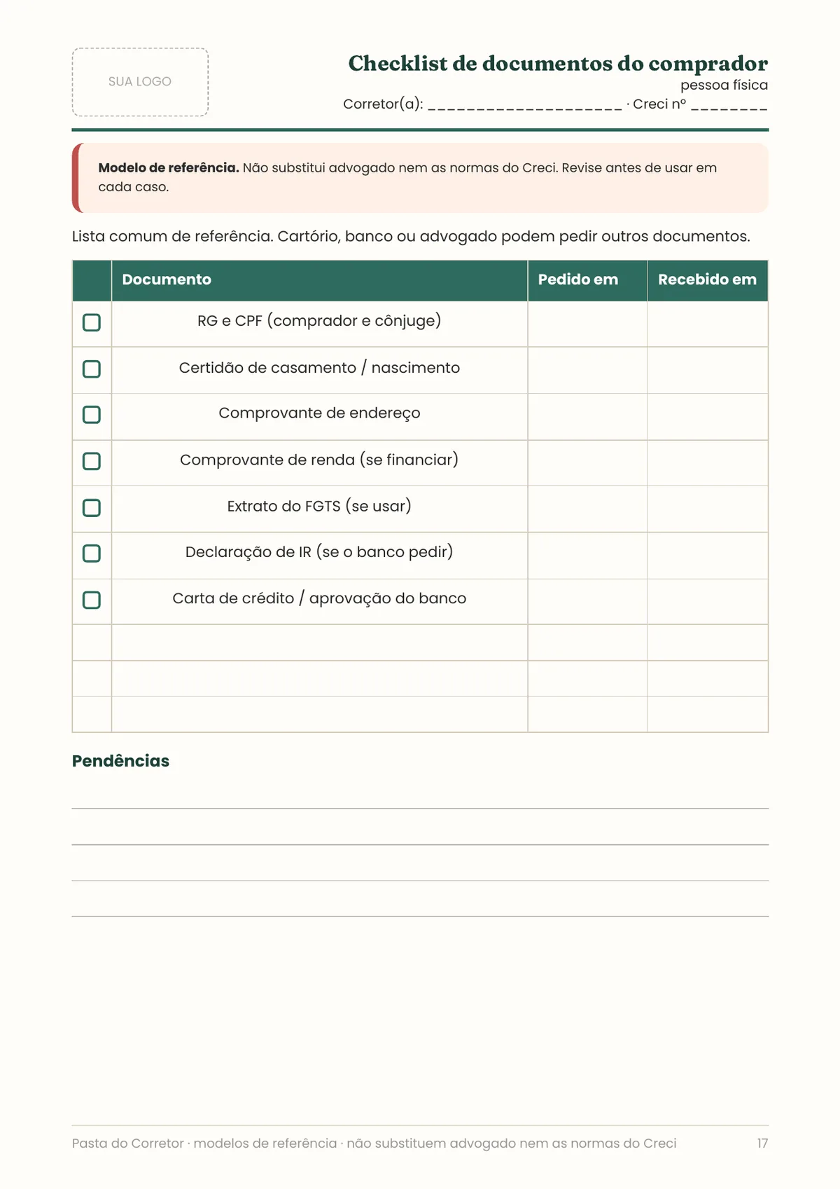 Página real do PDF Pasta do Corretor: lista de documentos do vendedor