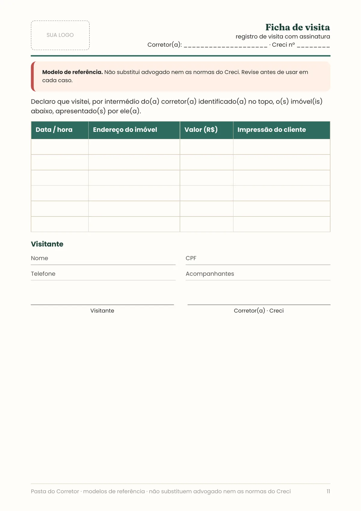 Página real do PDF Pasta do Corretor: ficha de visita